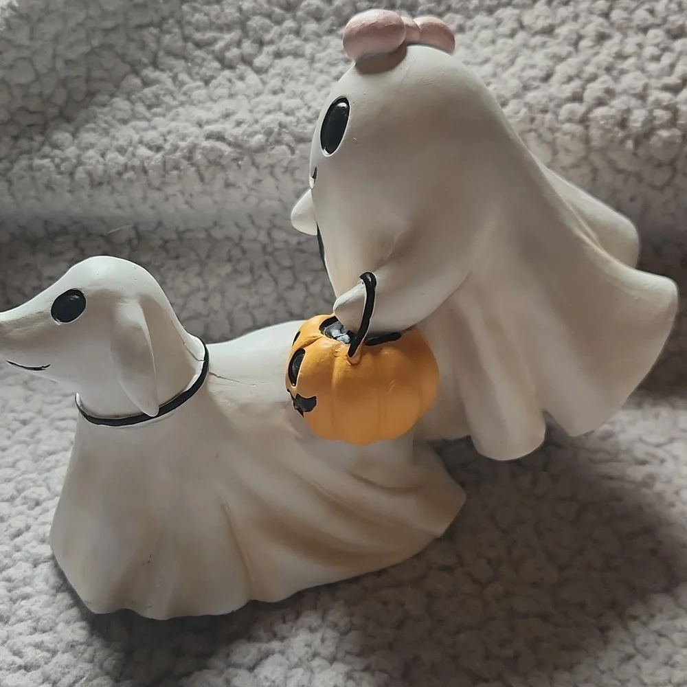 Halloween, Ghost With Pink Bow And Walking Ghost Dog W Pumpkin Figurine Pumpkin